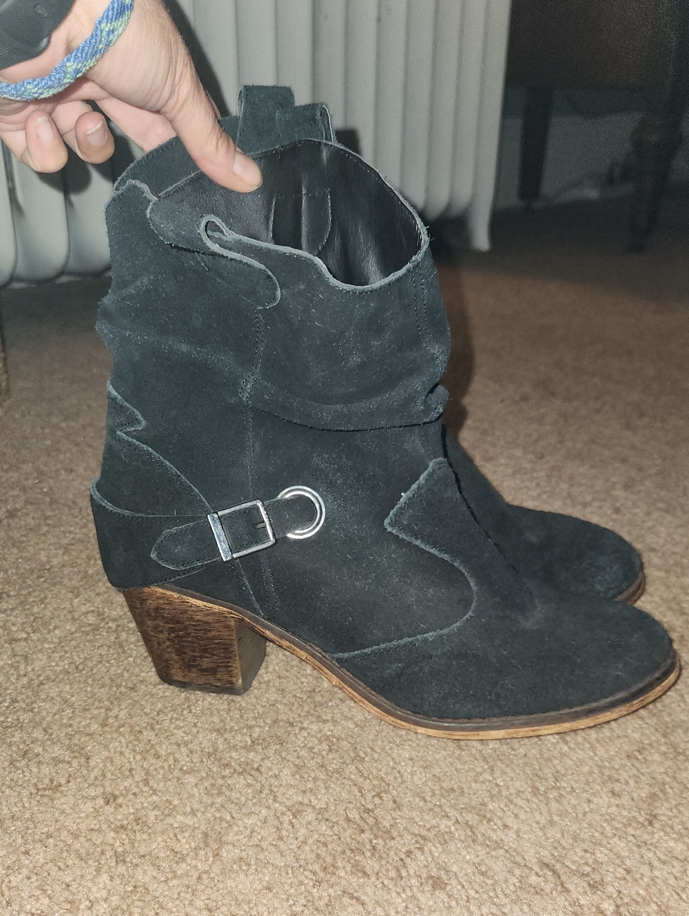 Decree Black Suede Leather Western Cowboy Harness Boots Booties 9 Wood Heel